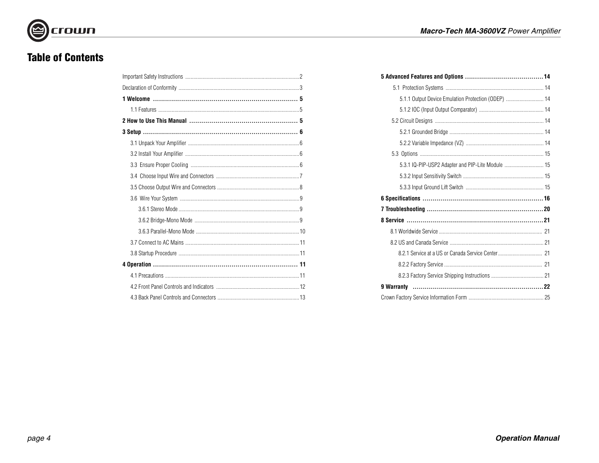 Crown Audio Macro-Tech MA3600VZ User Manual | Page 4 / 28