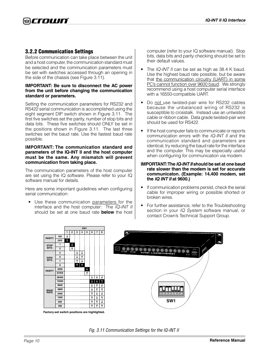 2 communication settings, Fig. 3.11 communication settings for the iq-int ii, Iq-int ii iq interface page 10 reference manual | Wiring | Crown Audio IQ-INT II User Manual | Page 10 / 14