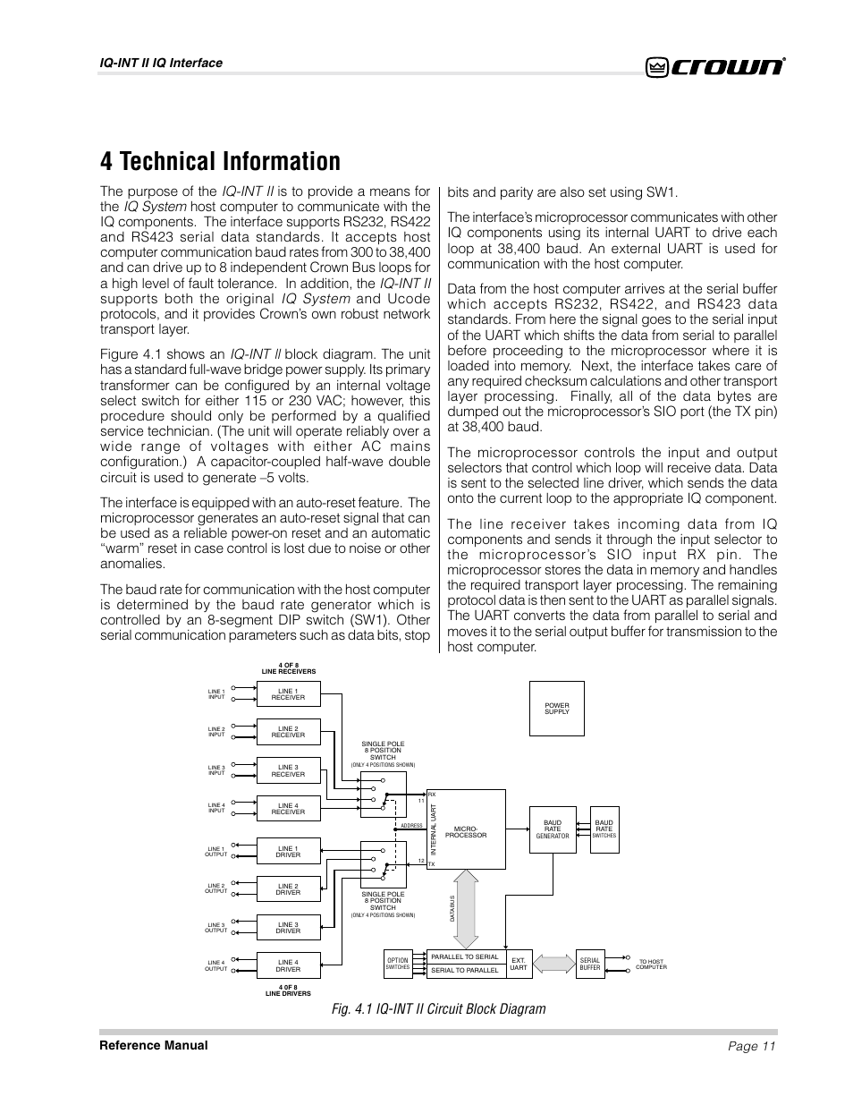 4 technical information, Fig. 4.1 iq-int ii circuit block diagram, Iq-int ii iq interface page 11 reference manual | Crown Audio IQ-INT II User Manual | Page 11 / 14