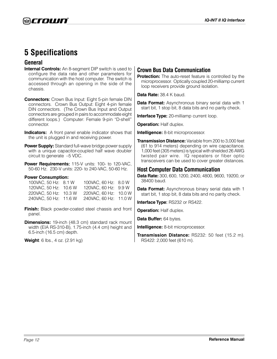 5 specifications, General, Crown bus data communication | Host computer data communication | Crown Audio IQ-INT II User Manual | Page 12 / 14