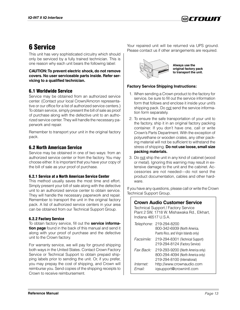6 service | Crown Audio IQ-INT II User Manual | Page 13 / 14