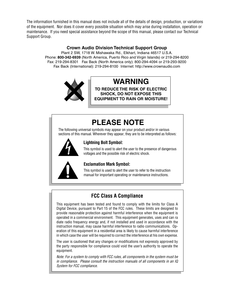 Warning | Crown Audio IQ-INT II User Manual | Page 3 / 14