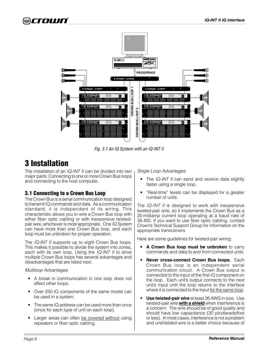 3 installation, 1 connecting to a crown bus loop | Crown Audio IQ-INT II User Manual | Page 6 / 14