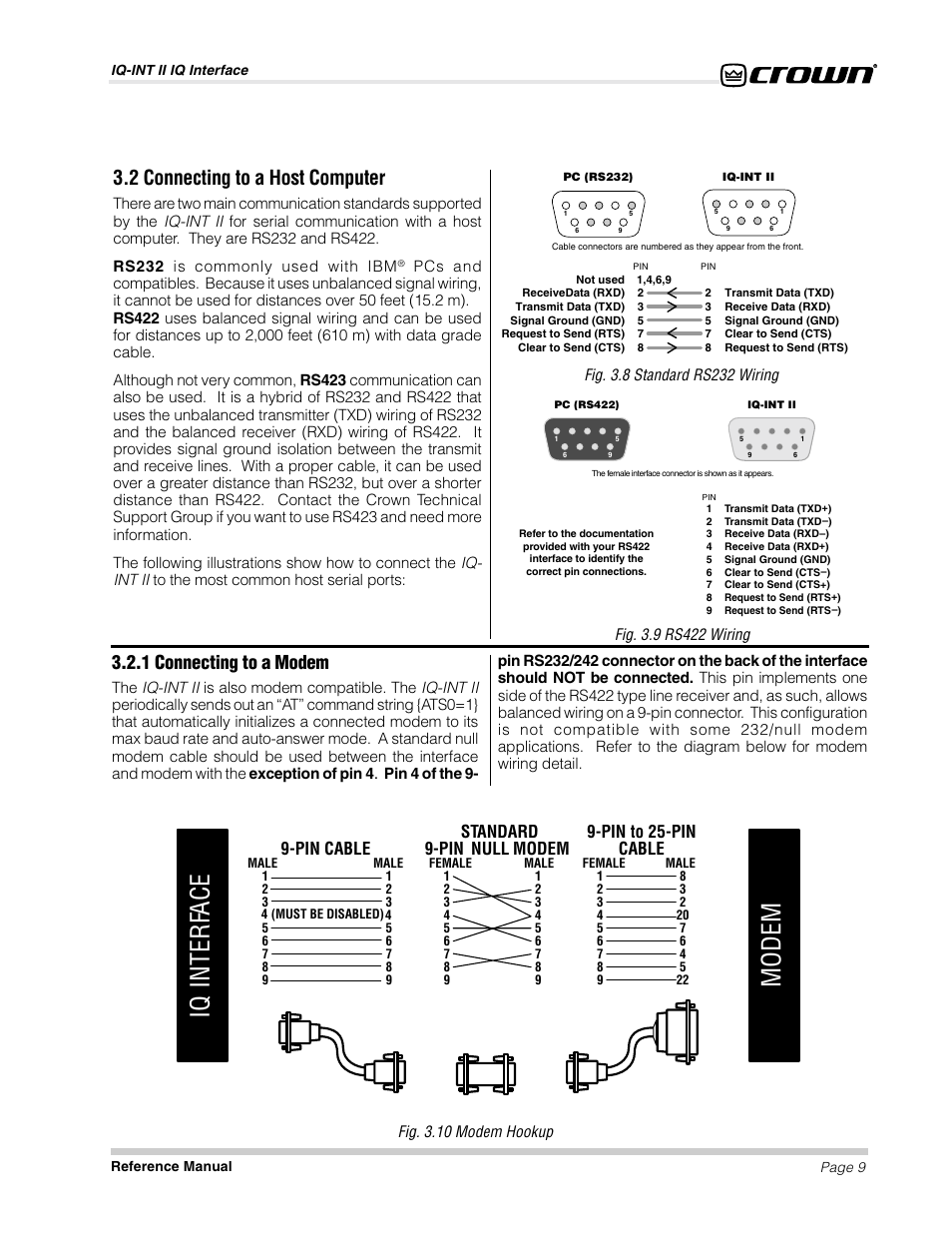 Iq interf ace modem, 2 connecting to a host computer, 1 connecting to a modem | Pin cable, Standard 9-pin null modem, Pin to 25-pin cable | Crown Audio IQ-INT II User Manual | Page 9 / 14