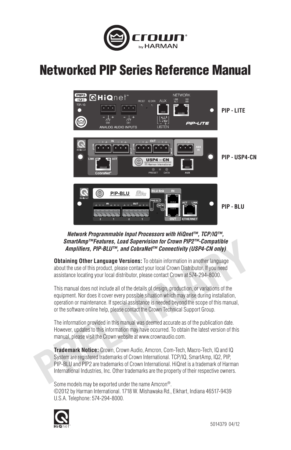 Crown Audio PIP-BLU Module User Manual | 16 pages