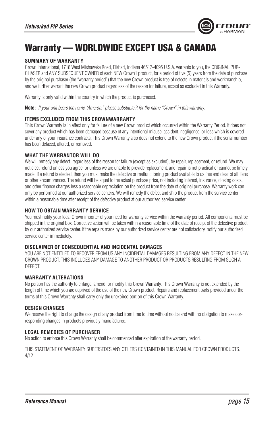Warranty — worldwide except usa & canada, Page 15 | Crown Audio PIP-BLU Module User Manual | Page 15 / 16