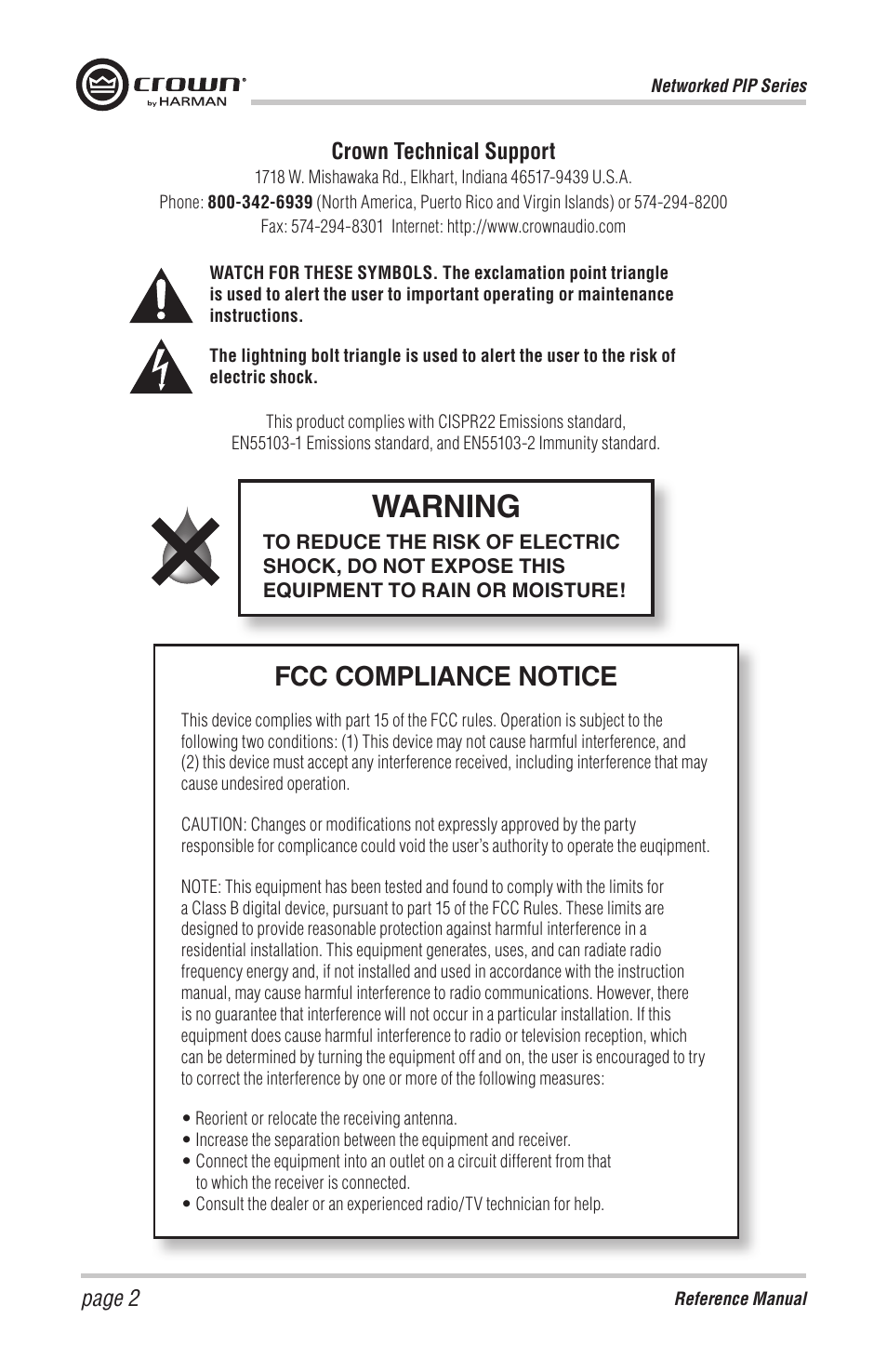 Warning, Fcc compliance notice, Page 2 crown technical support | Crown Audio PIP-BLU Module User Manual | Page 2 / 16