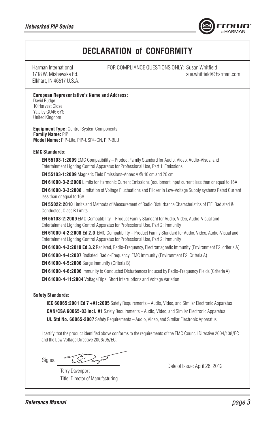 Declaration of conformity, Page 3 | Crown Audio PIP-BLU Module User Manual | Page 3 / 16