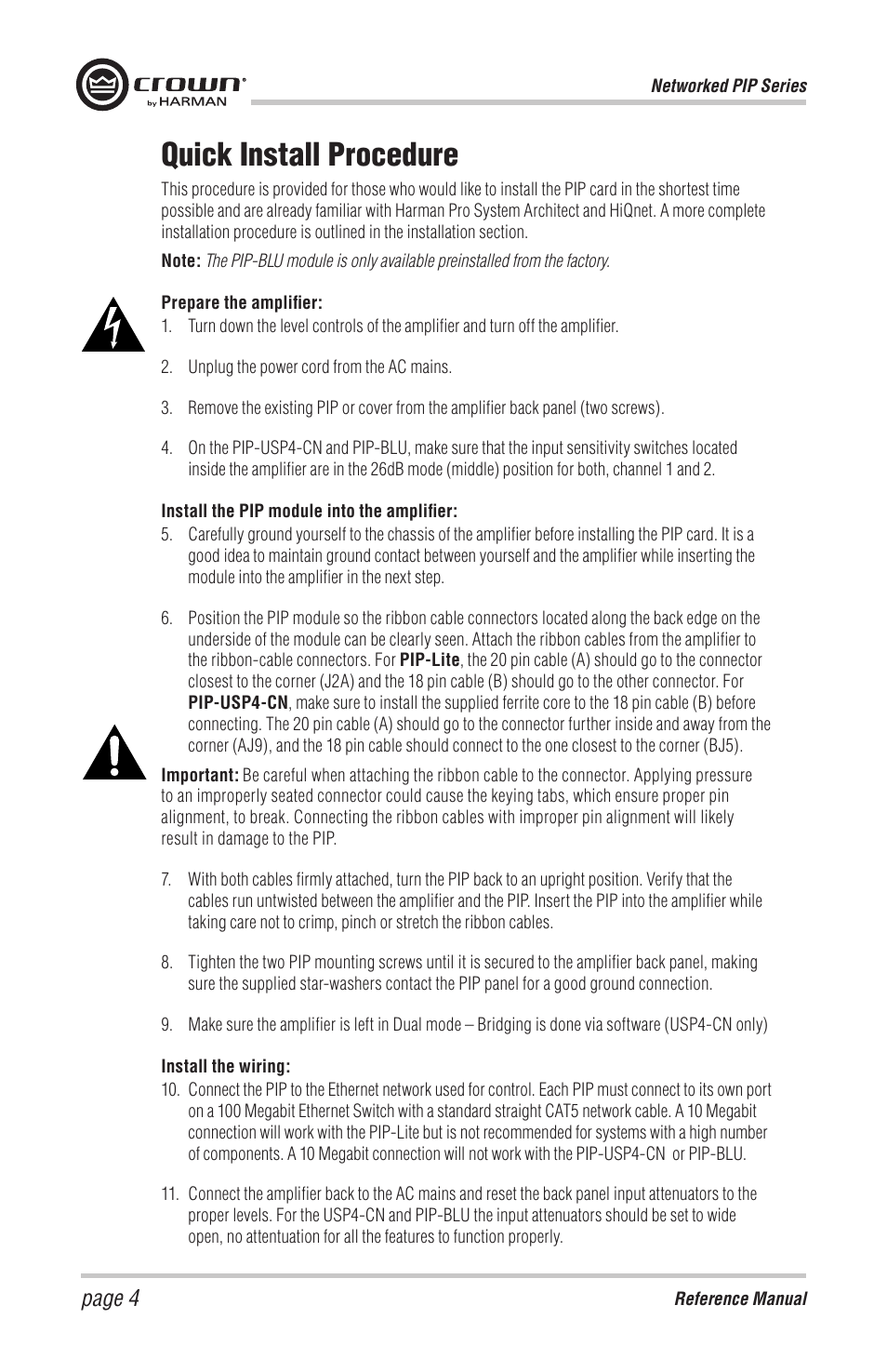 Quick install procedure, Page 4 | Crown Audio PIP-BLU Module User Manual | Page 4 / 16