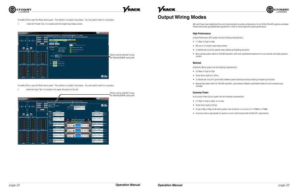 Output wiring modes, Operation manual page 22 page 23 operation manual | Crown Audio VRack4X3500HD User Manual | Page 12 / 25