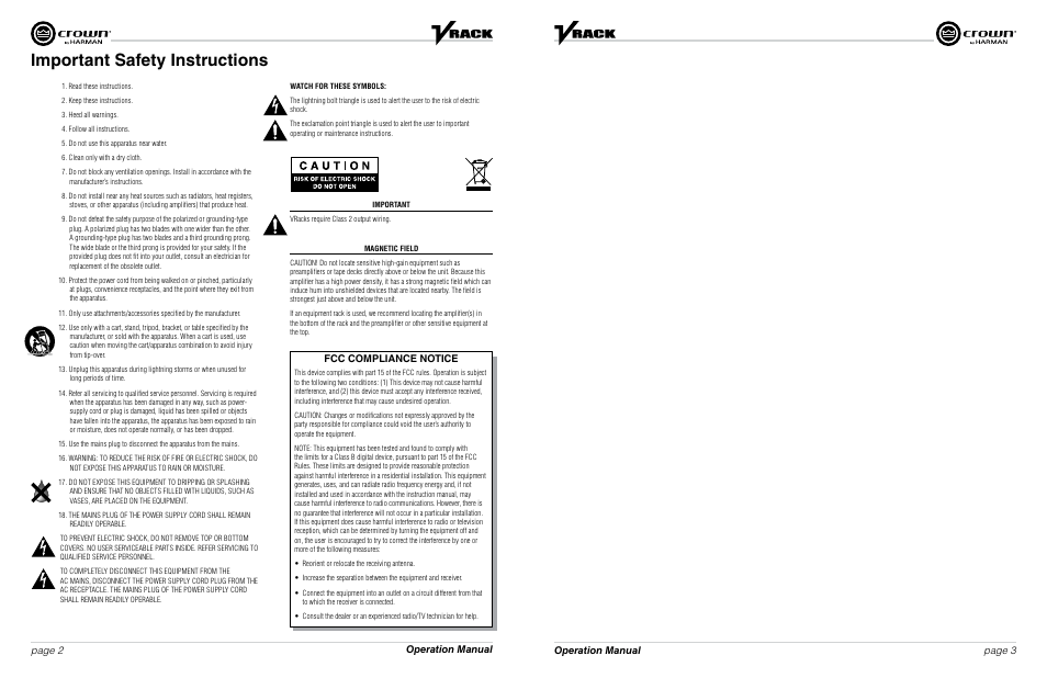 Important safety instructions, Operation manual page 2 page 3 operation manual, Fcc compliance notice | Crown Audio VRack4X3500HD User Manual | Page 2 / 25