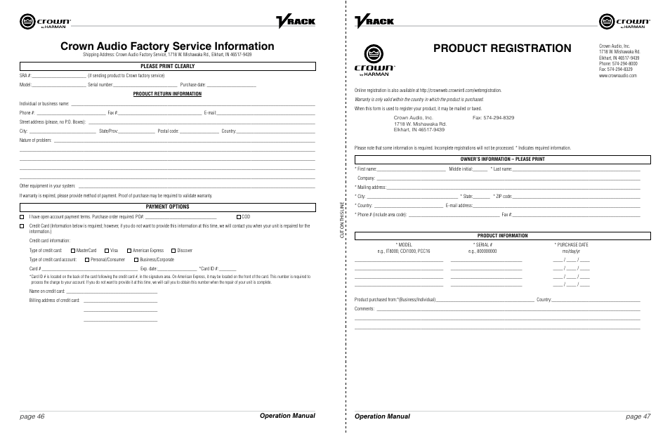 Crown audio factory service information, Product registration, Operation manual page 46 page 47 operation manual | Crown Audio VRack4X3500HD User Manual | Page 24 / 25