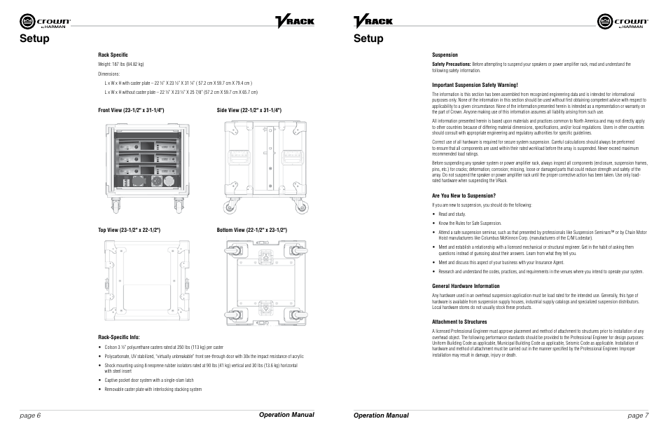 Setup, Operation manual page 6 page 7 operation manual | Crown Audio VRack4X3500HD User Manual | Page 4 / 25