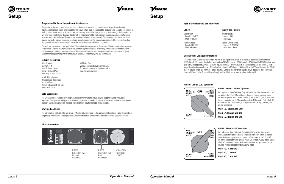 Setup, Operation manual page 8 page 9 operation manual | Crown Audio VRack4X3500HD User Manual | Page 5 / 25