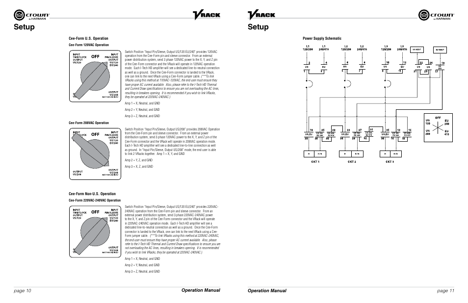 Setup, Operation manual page 10 page 11 operation manual | Crown Audio VRack4X3500HD User Manual | Page 6 / 25