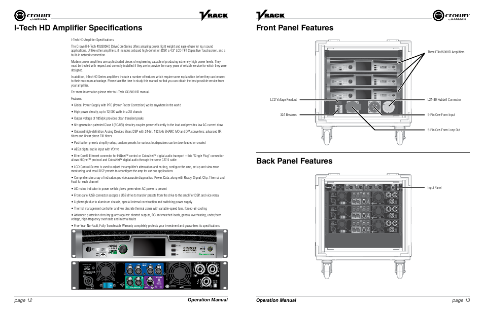 I-tech hd amplifier specifications, Front panel features back panel features, Operation manual page 12 page 13 operation manual | Crown Audio VRack4X3500HD User Manual | Page 7 / 25