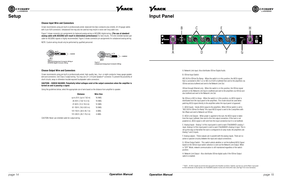 Setup input panel, Operation manual page 14 page 15 operation manual | Crown Audio VRack4X3500HD User Manual | Page 8 / 25