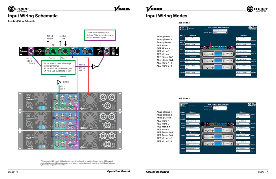 Input wiring schematic, Input wiring modes, Operation manual page 16 page 17 operation manual | Rack input wiring schematic | Crown Audio VRack4X3500HD User Manual | Page 9 / 25