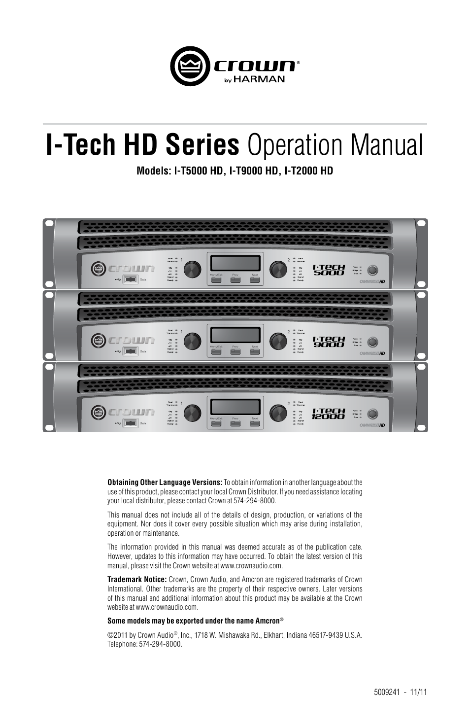 Crown Audio I-Tech HD Series User Manual | 21 pages