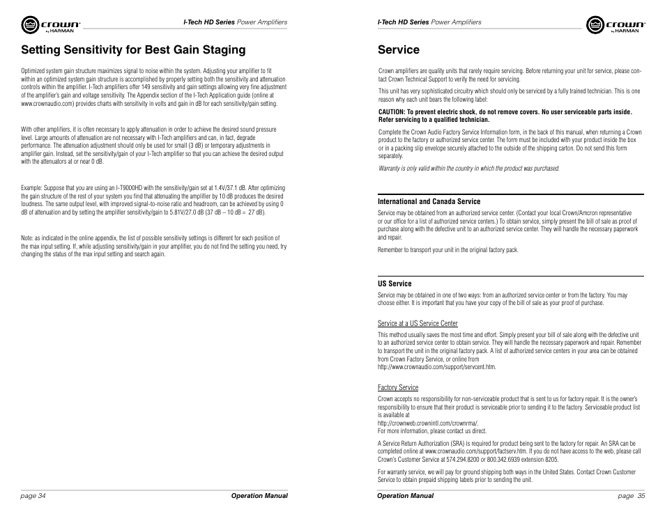 Setting sensitivity for best gain staging, Service | Crown Audio I-Tech HD Series User Manual | Page 18 / 21
