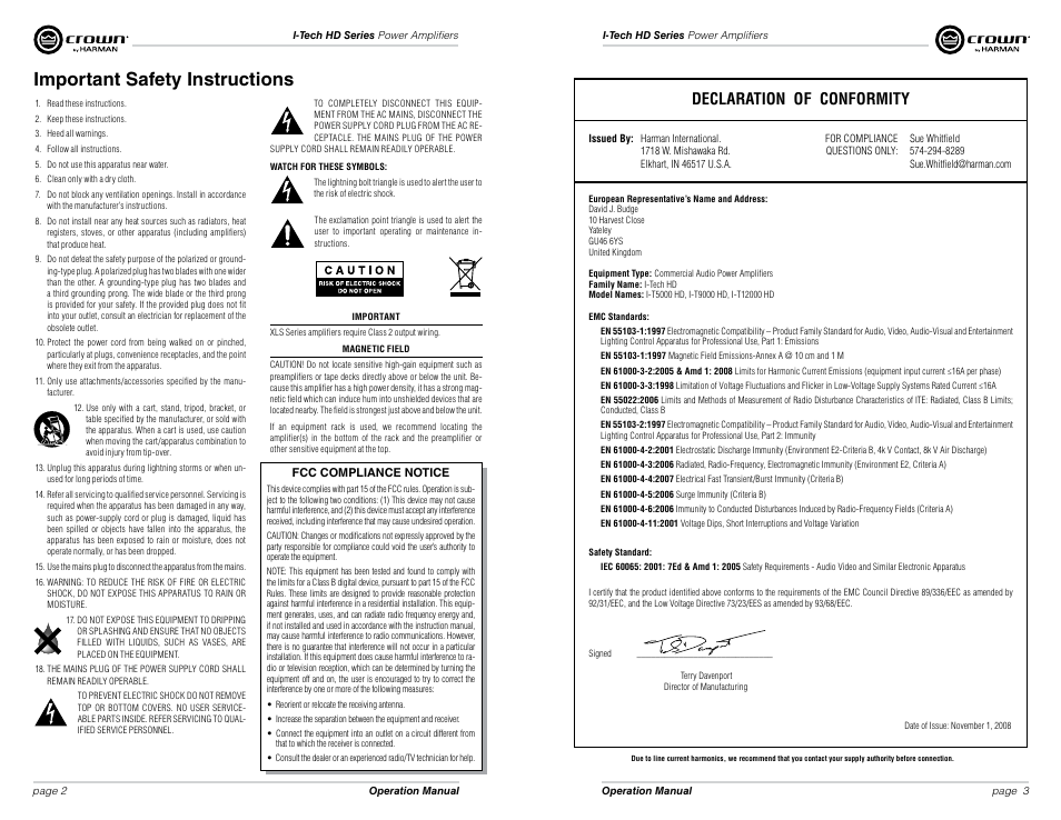 Important safety instructions, Declaration of conformity | Crown Audio I-Tech HD Series User Manual | Page 2 / 21