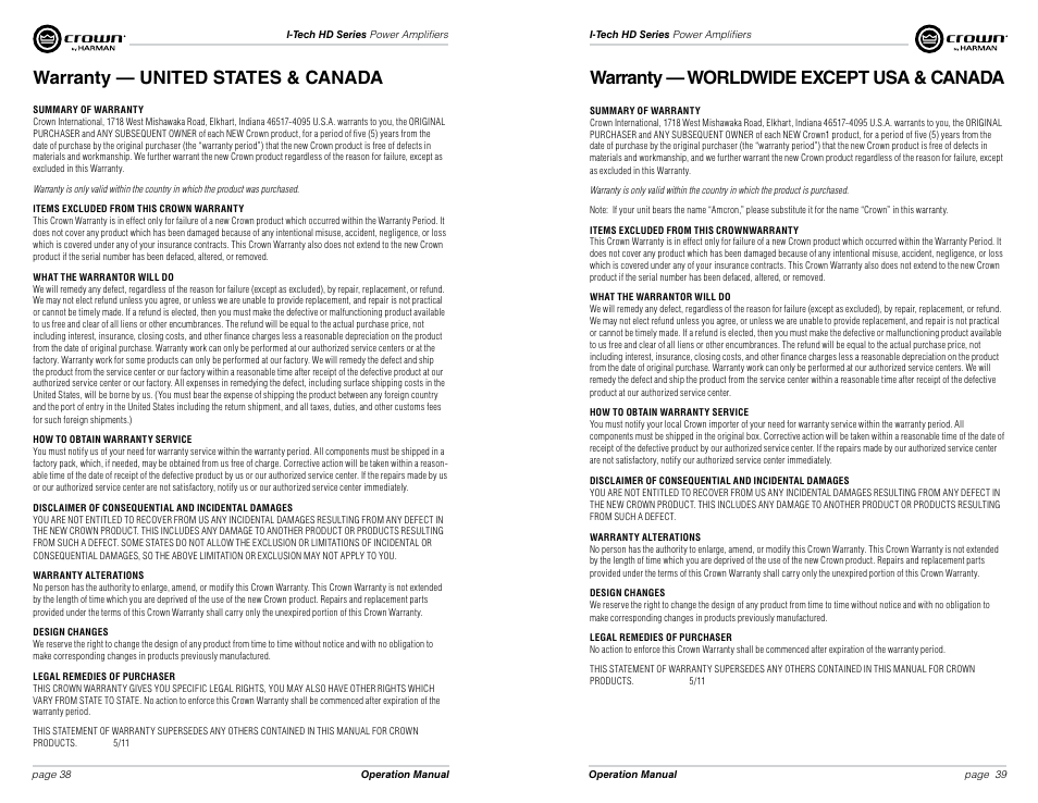 Warranty — united states & canada, Warranty — worldwide except usa & canada | Crown Audio I-Tech HD Series User Manual | Page 20 / 21