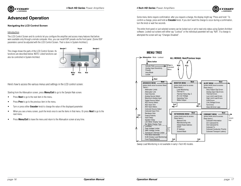 Advanced operation, Menu tree | Crown Audio I-Tech HD Series User Manual | Page 9 / 21