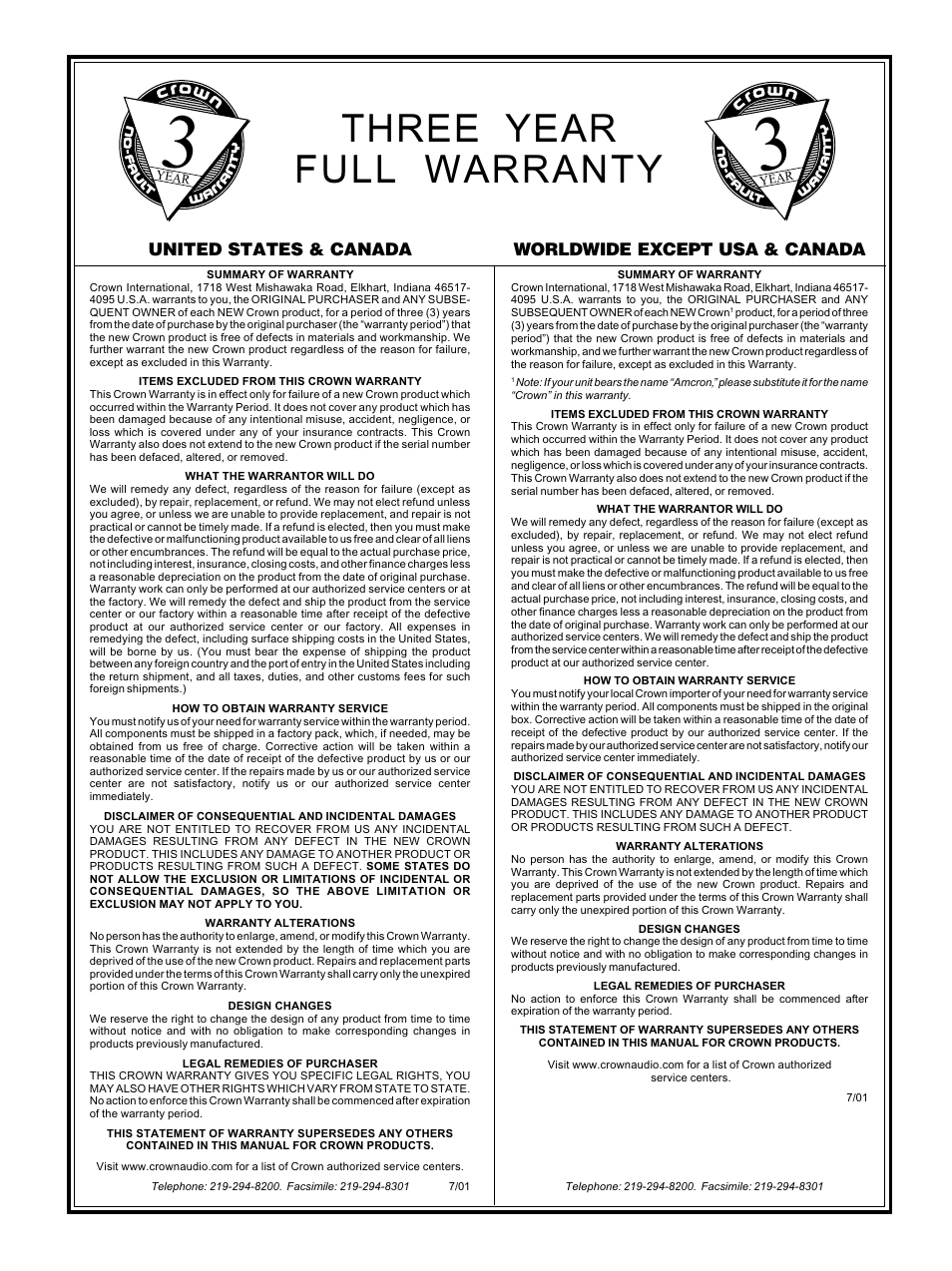 Three year full warranty | Crown Audio Pulse 4X300 User Manual | Page 22 / 23