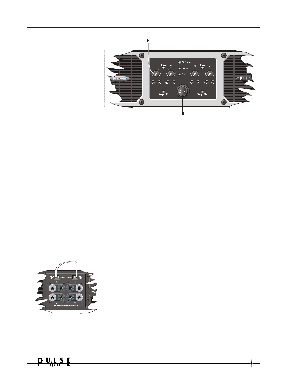 0 control operation, A. power switch, B. level controls 1,2,3 and 4 | C. bridge switches | Crown Audio Pulse 4X300 User Manual | Page 9 / 23