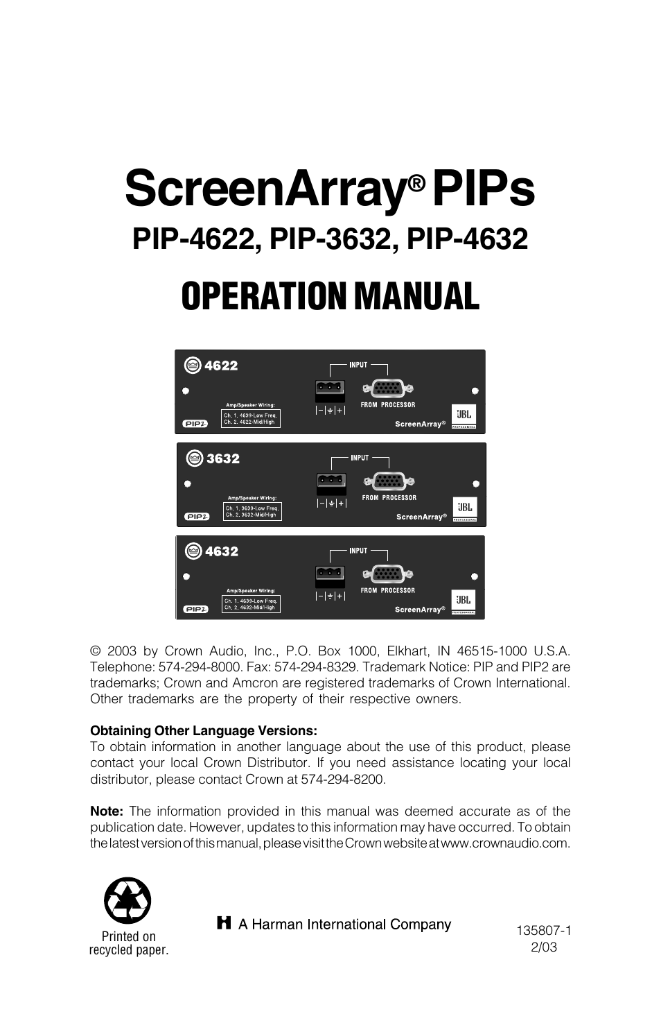 Crown Audio ScreenArray PIPS:4622, 3632, 4632 User Manual | 20 pages