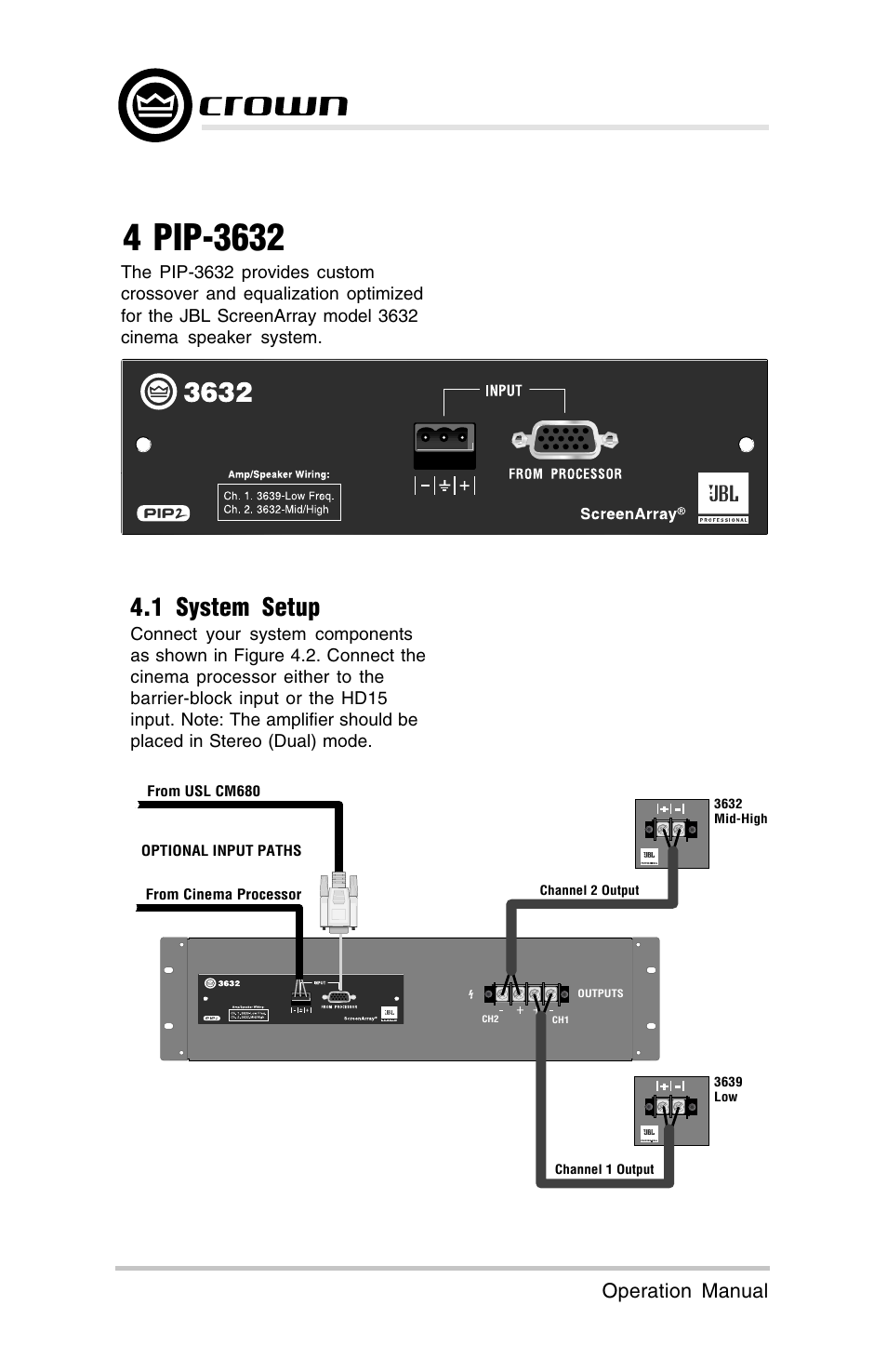 1 system setup, Screenarray, Pip modules page 10 operation manual | Crown Audio ScreenArray PIPS:4622, 3632, 4632 User Manual | Page 10 / 20