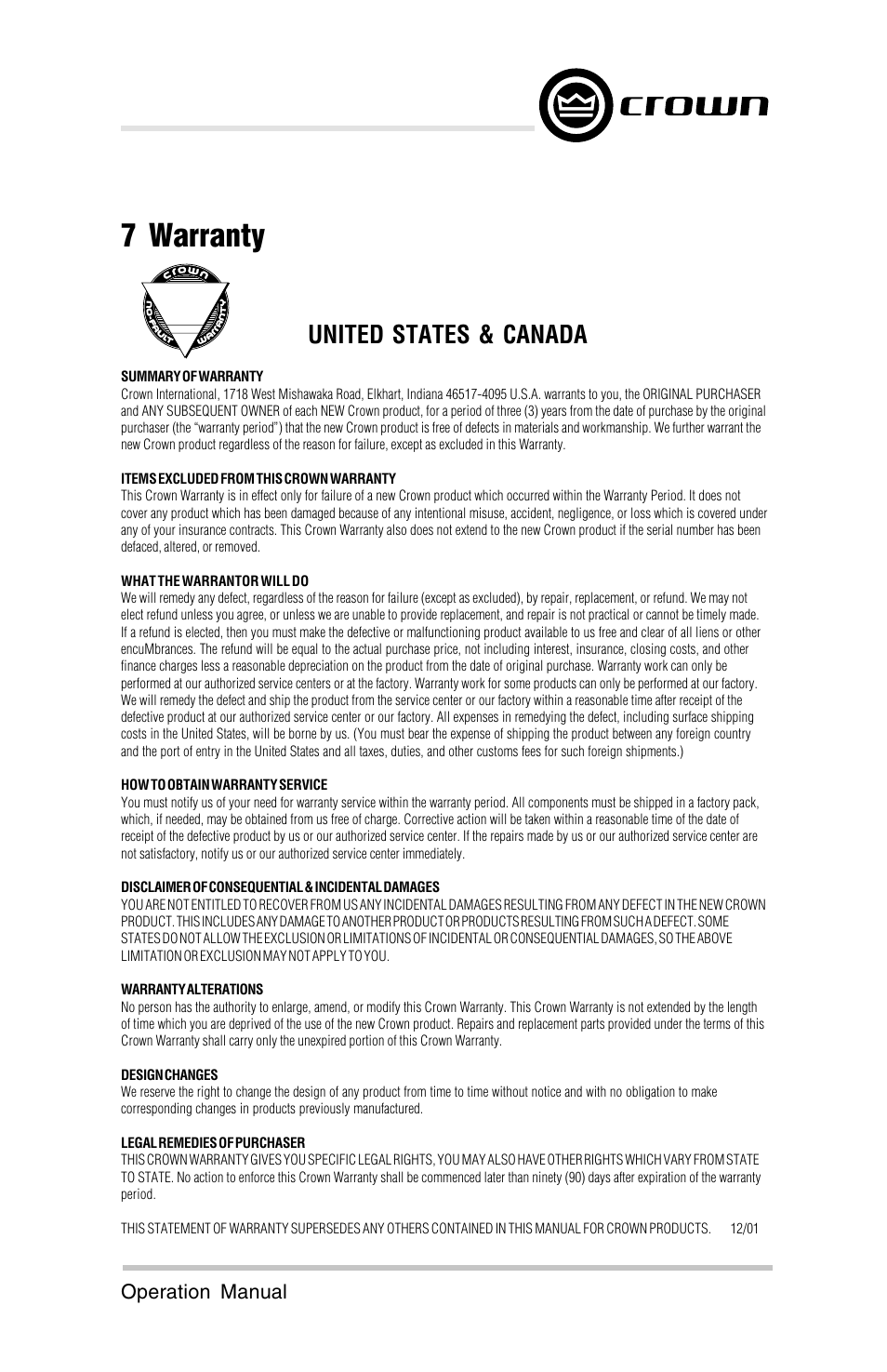 7 warranty, United states & canada | Crown Audio ScreenArray PIPS:4622, 3632, 4632 User Manual | Page 17 / 20