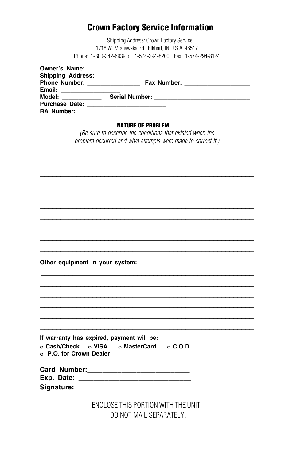 Crown factory service information | Crown Audio ScreenArray PIPS:4622, 3632, 4632 User Manual | Page 19 / 20