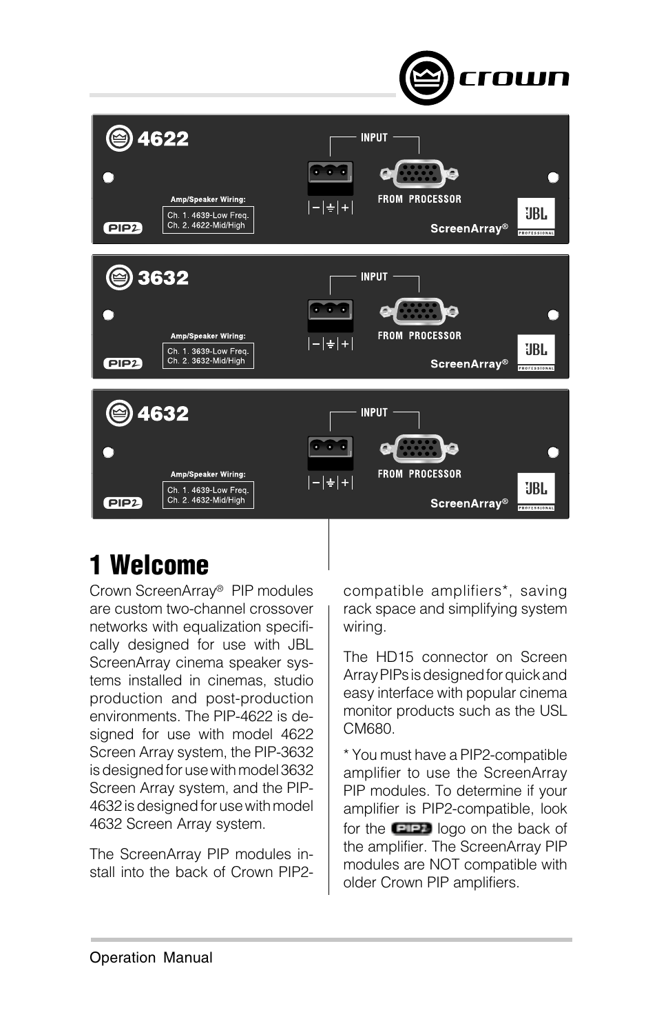 1 welcome | Crown Audio ScreenArray PIPS:4622, 3632, 4632 User Manual | Page 3 / 20