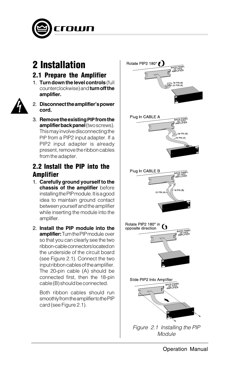 2 installation, 1 prepare the amplifier, 2 install the pip into the amplifier | Crown Audio ScreenArray PIPS:4622, 3632, 4632 User Manual | Page 4 / 20