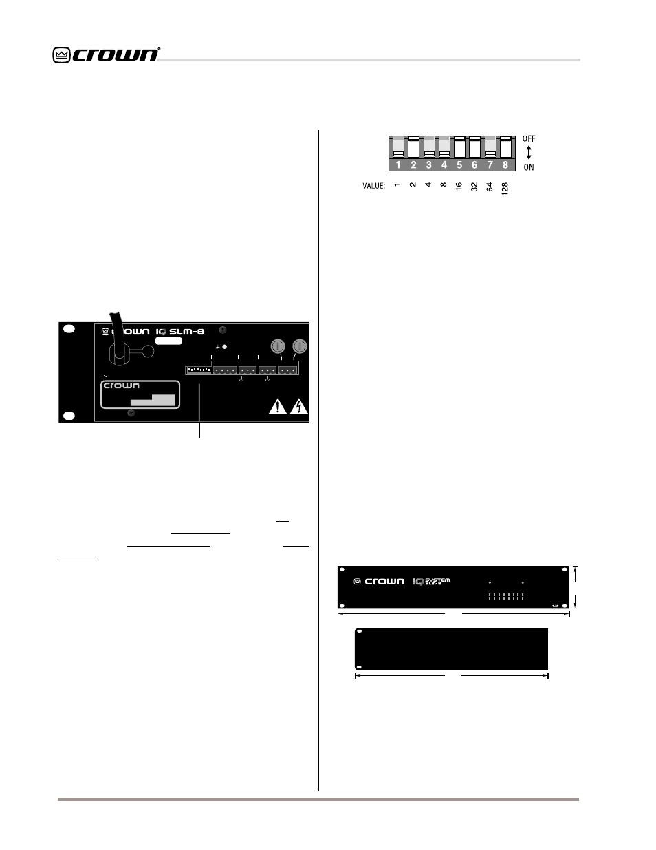 4 installation, Slm-8, 1 prepare the | 2 mounting, Iq address switch, Fig. 4.3 mounting dimensions | Crown Audio IQ-SLM8 User Manual | Page 12 / 25