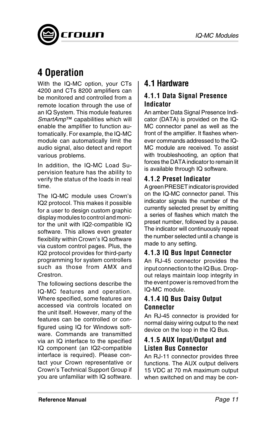 4 operation, 1 hardware | Crown Audio IQ-MCA-IQ-MC8 User Manual | Page 11 / 32