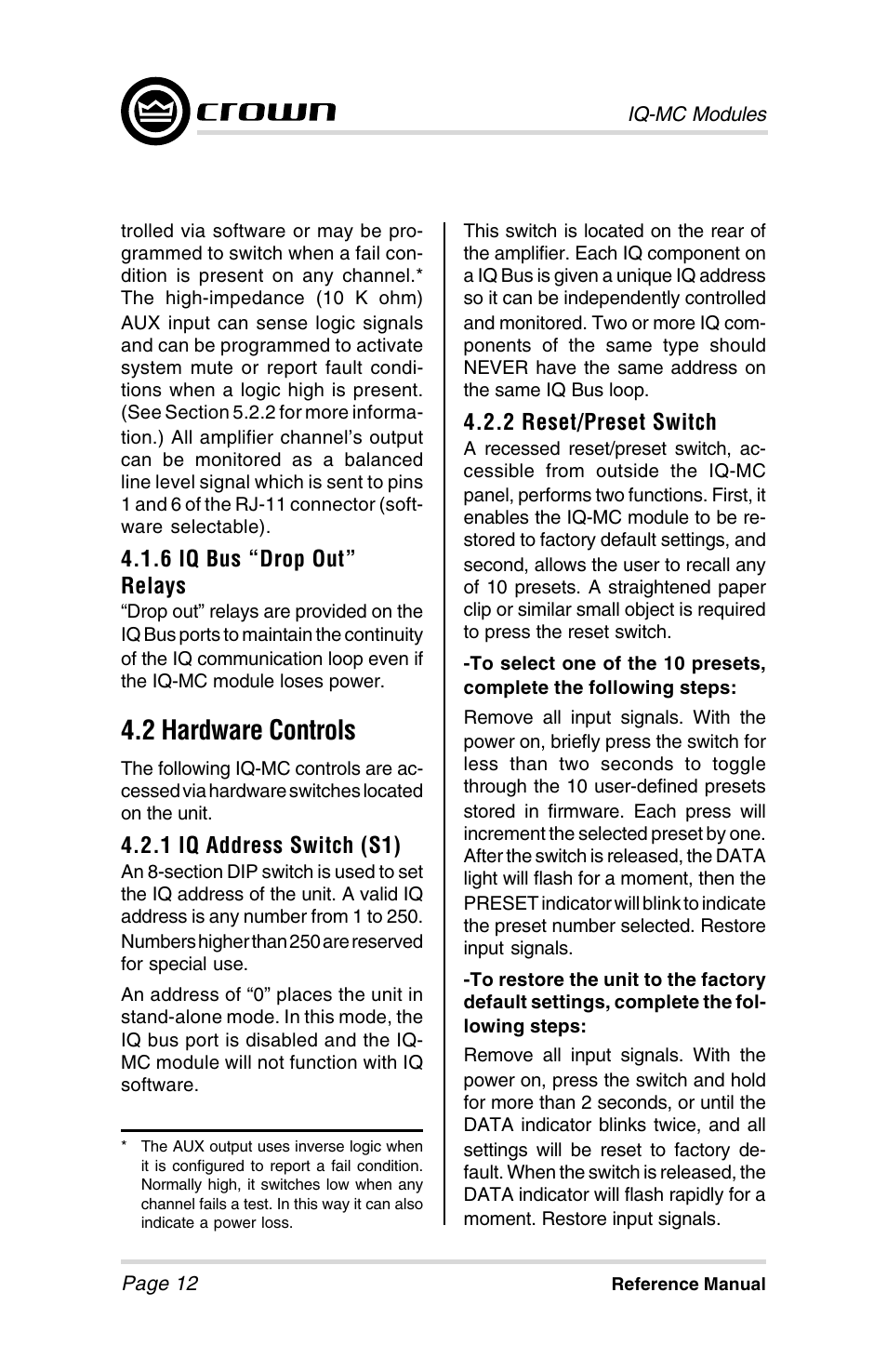 2 hardware controls | Crown Audio IQ-MCA-IQ-MC8 User Manual | Page 12 / 32