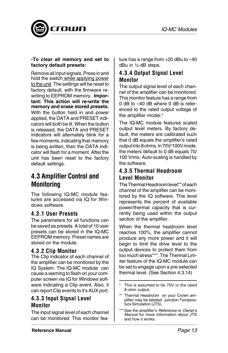 3 amplifier control and monitoring, 1 user presets, 2 clip monitor | 3 input signal level monitor, 4 output signal level monitor, 5 thermal headroom level monitor | Crown Audio IQ-MCA-IQ-MC8 User Manual | Page 13 / 32