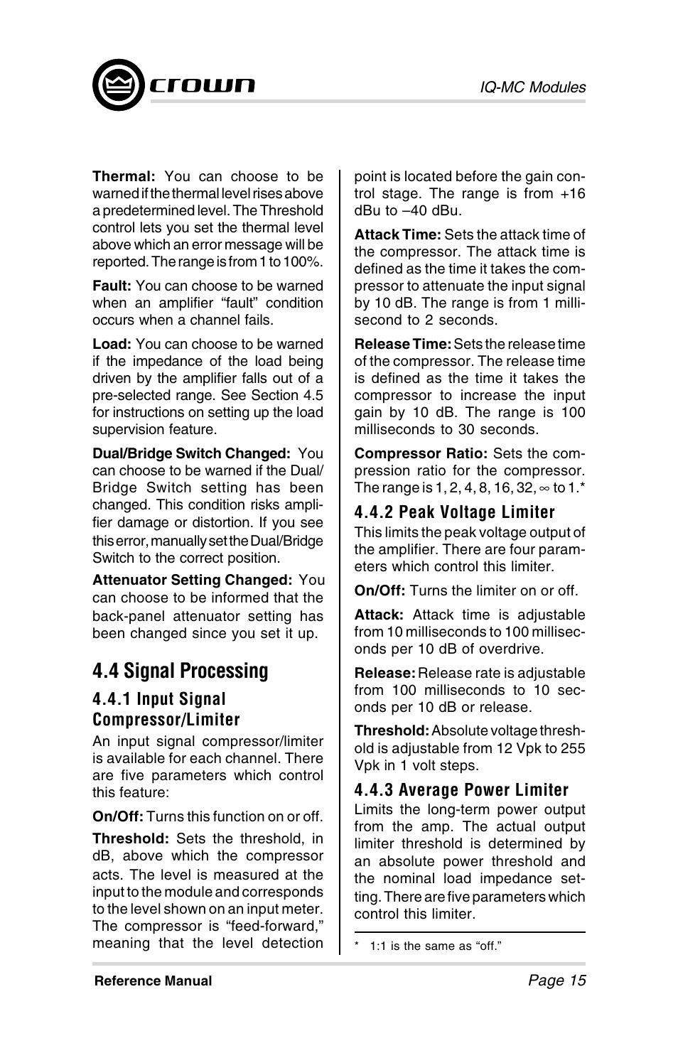 4 signal processing | Crown Audio IQ-MCA-IQ-MC8 User Manual | Page 15 / 32