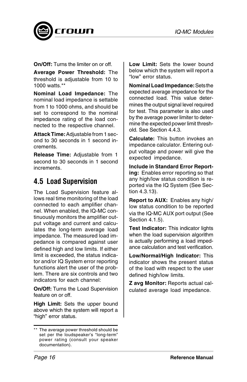 5 load supervision | Crown Audio IQ-MCA-IQ-MC8 User Manual | Page 16 / 32