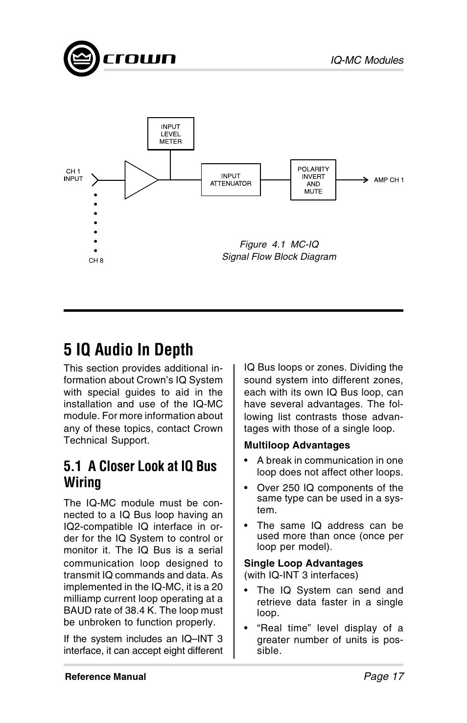 5 iq audio in depth, 1 a closer look at iq bus wiring | Crown Audio IQ-MCA-IQ-MC8 User Manual | Page 17 / 32