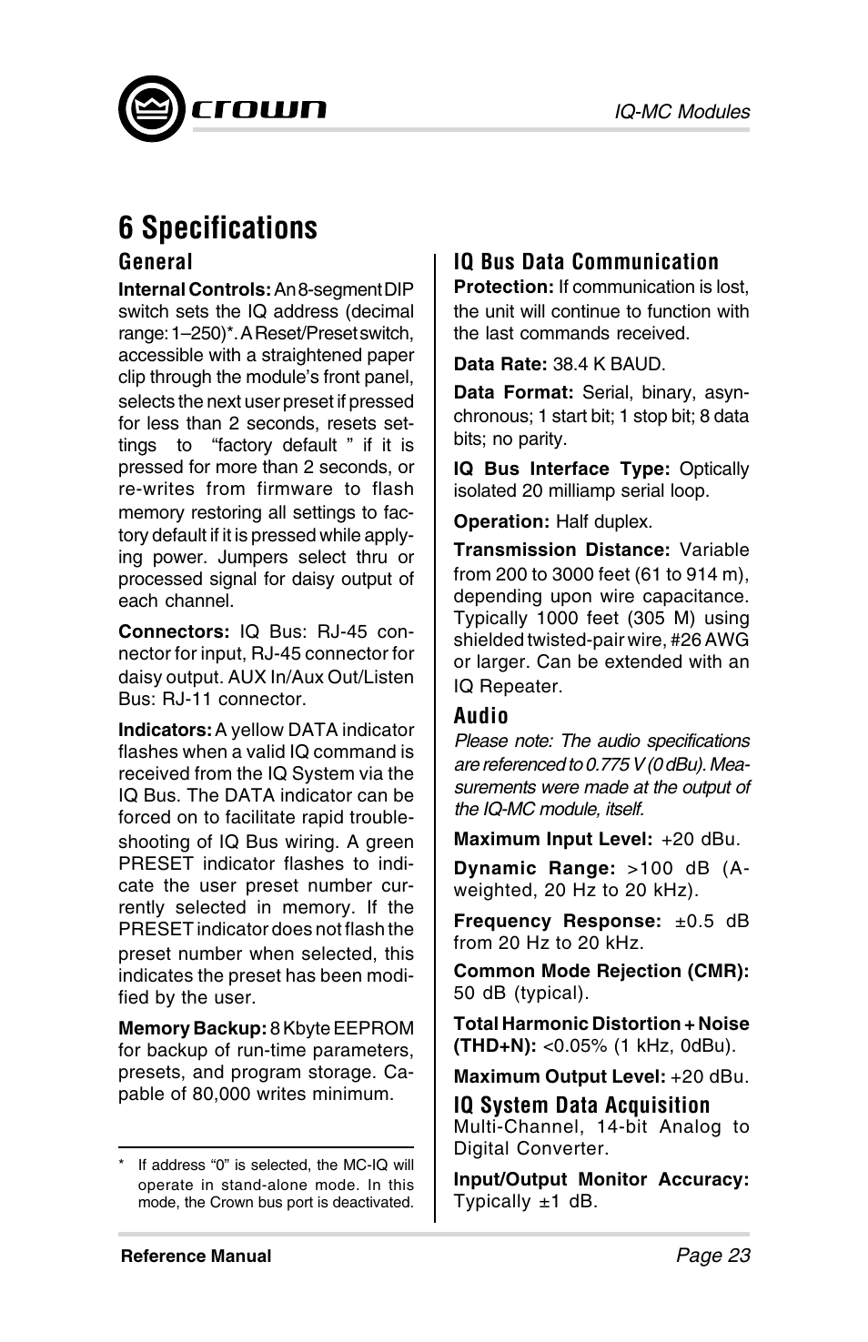 6 specifications | Crown Audio IQ-MCA-IQ-MC8 User Manual | Page 23 / 32