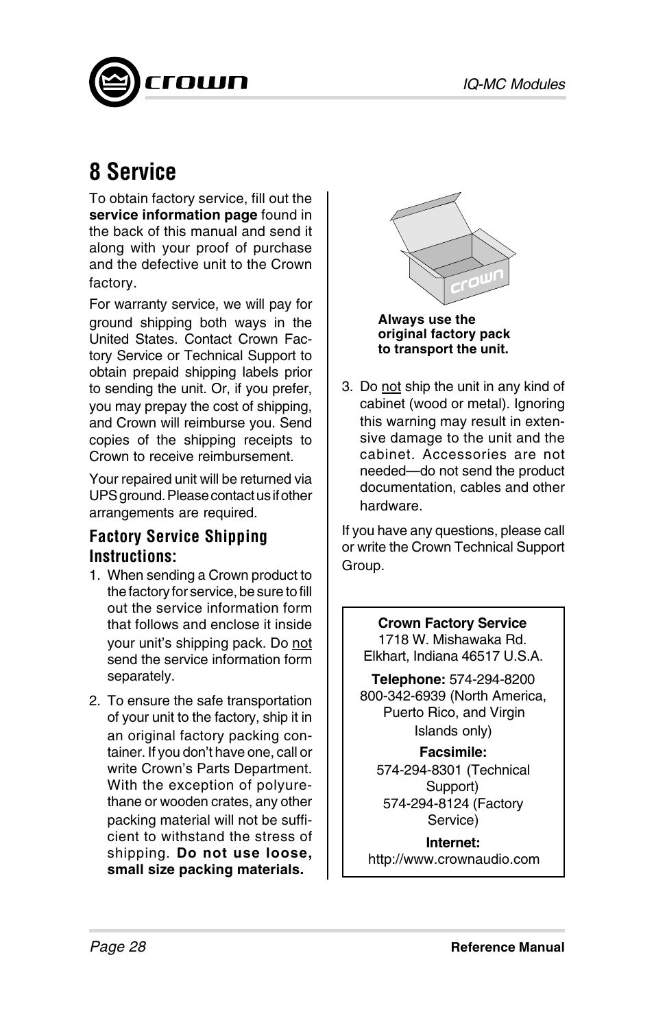 8 service | Crown Audio IQ-MCA-IQ-MC8 User Manual | Page 28 / 32