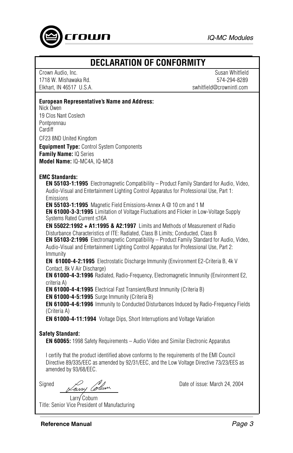 Declaration of conformity | Crown Audio IQ-MCA-IQ-MC8 User Manual | Page 3 / 32