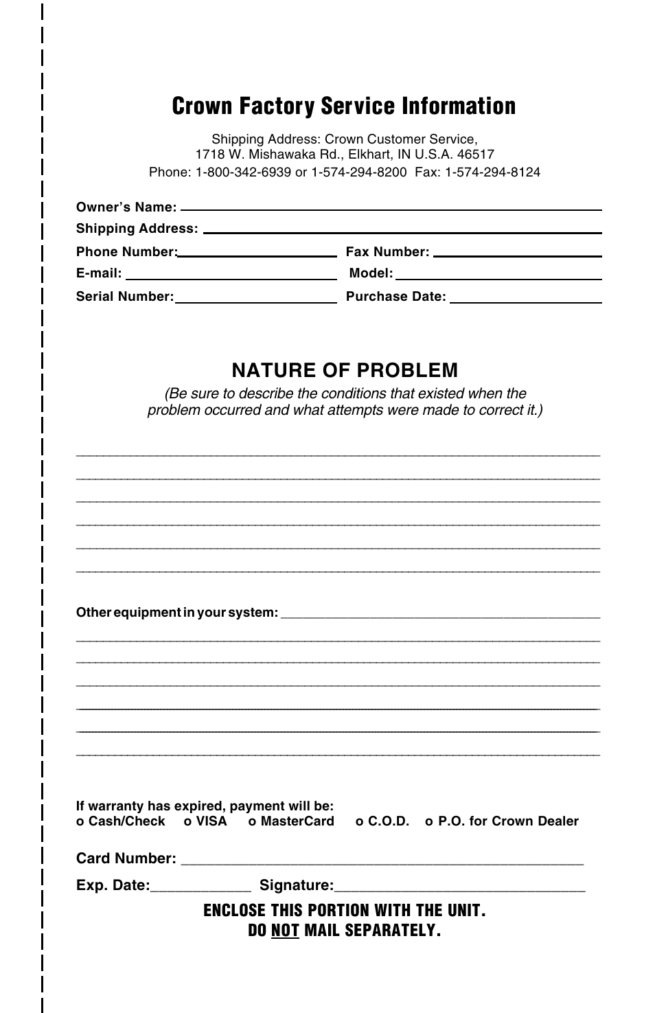 Crown factory service information, Nature of problem | Crown Audio IQ-MCA-IQ-MC8 User Manual | Page 31 / 32