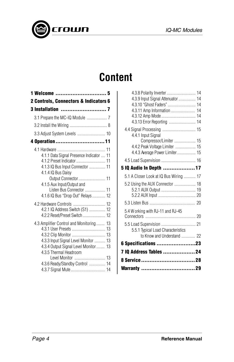 Content | Crown Audio IQ-MCA-IQ-MC8 User Manual | Page 4 / 32