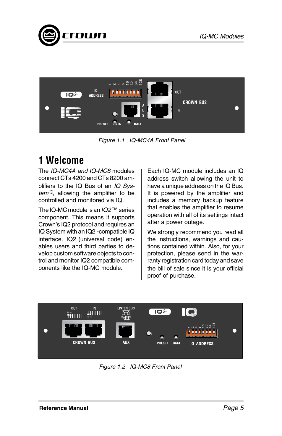 1 welcome | Crown Audio IQ-MCA-IQ-MC8 User Manual | Page 5 / 32