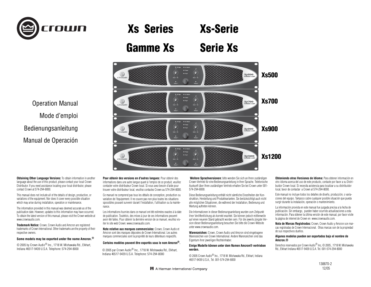 Crown Audio Xs Series User Manual | 36 pages