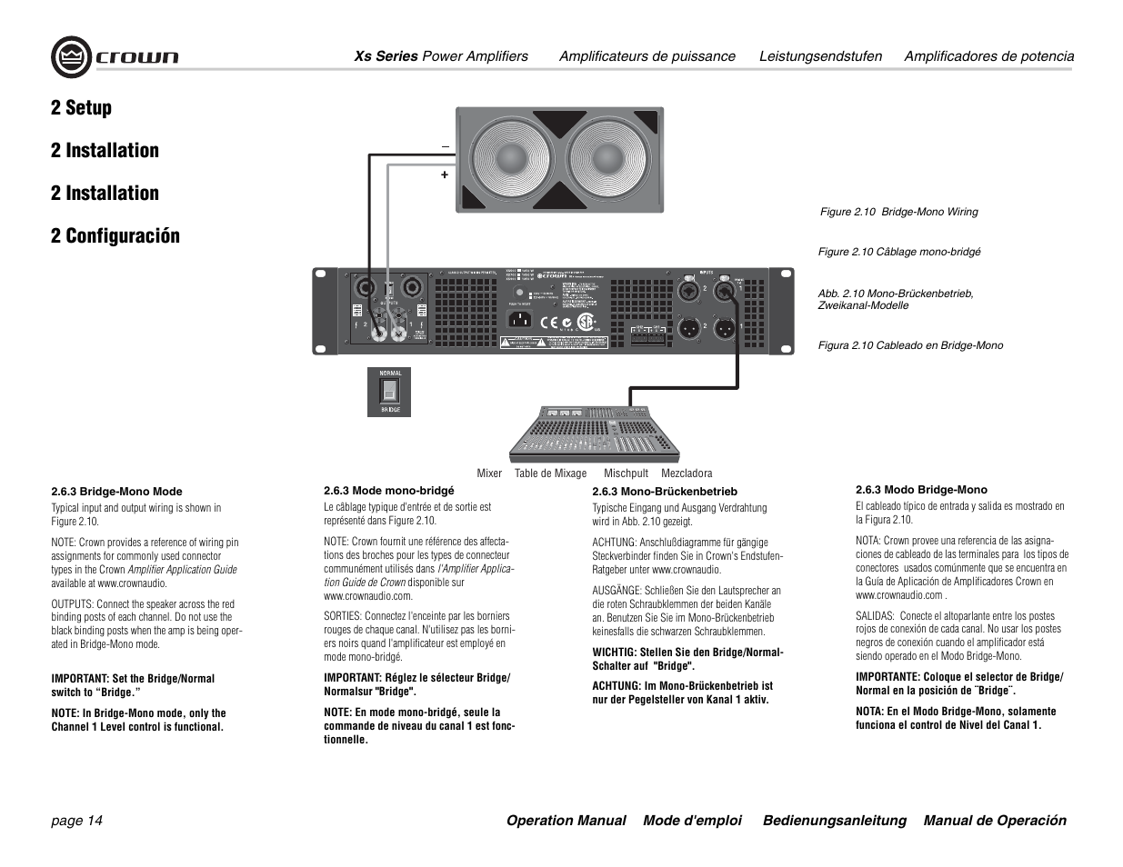 2 setup, 2 installation, 2 installation 2 configuración | Crown Audio Xs Series User Manual | Page 14 / 36
